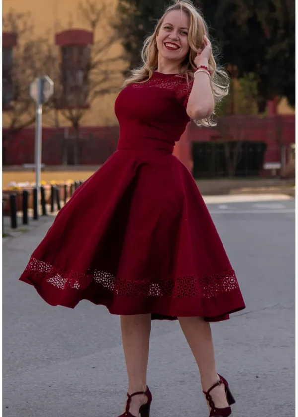 Dolly & Dotty Tess Embroided 50's Swing Dress Burgundy
