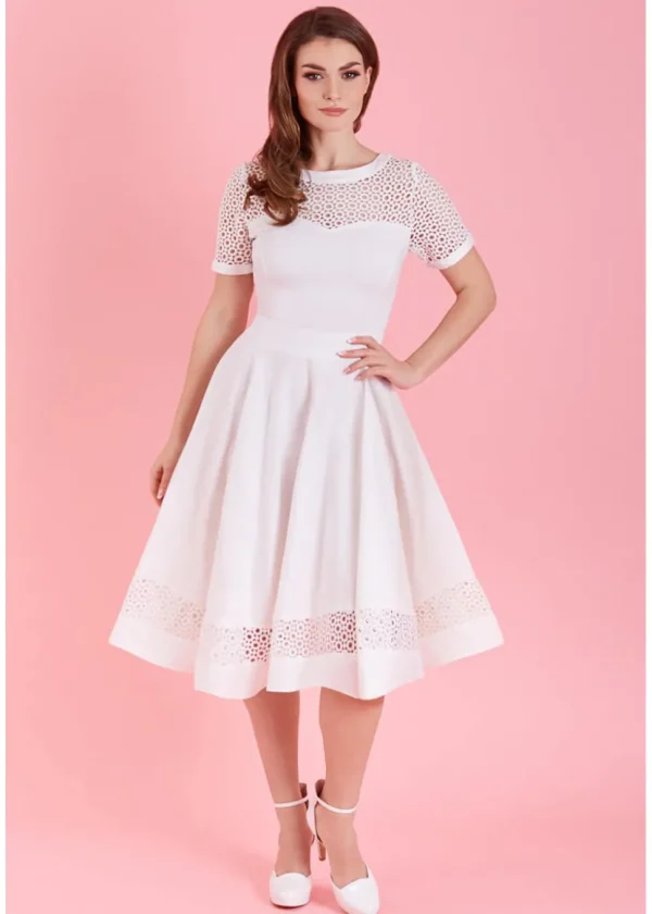 Dolly & Dotty Tess Embroided 50's Swing Dress White