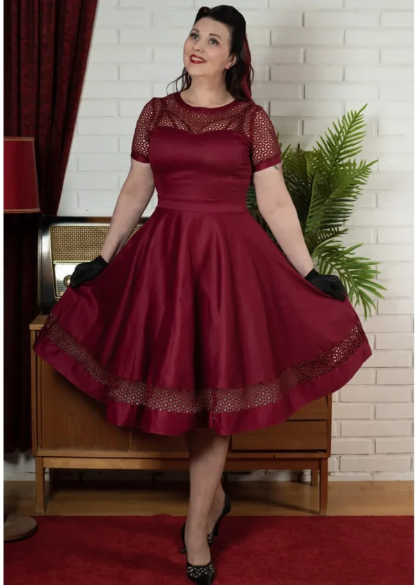 Dolly & Dotty Tess Embroided 50's Swing Dress Burgundy