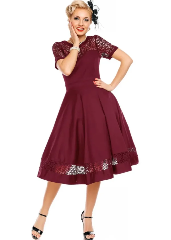 Dolly & Dotty Tess Embroided 50's Swing Dress Burgundy