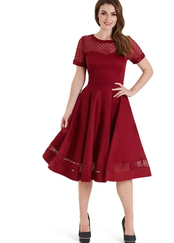 Dolly & Dotty Tess Embroided 50's Swing Dress Burgundy