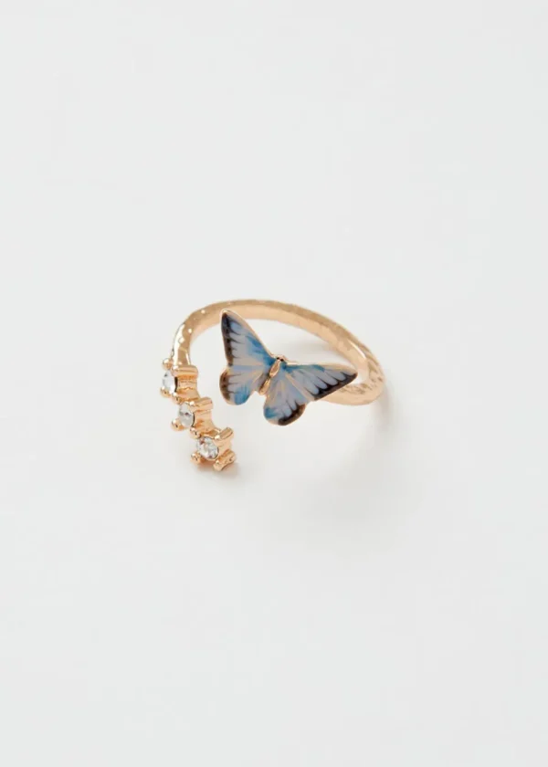 Fable England Blue Butterfly Enamel Ring in Gold