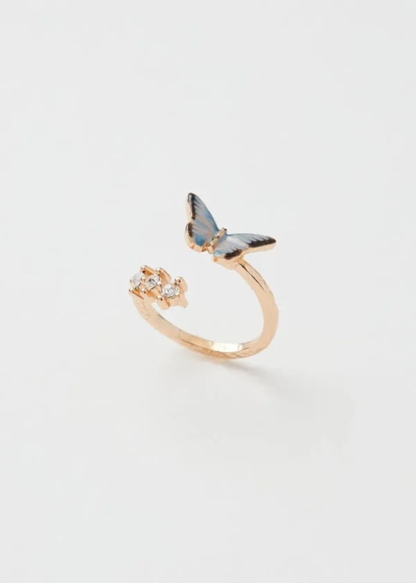 Fable England Blue Butterfly Enamel Ring in Gold