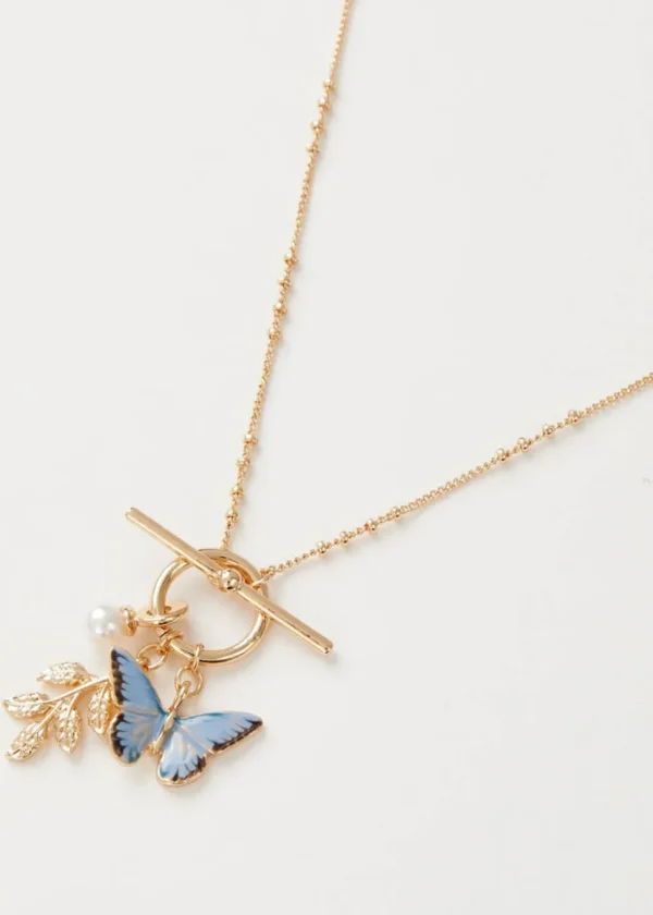 Fable England Butterfly & Leaf Charm Necklace Blue