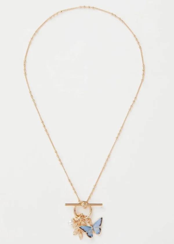 Fable England Butterfly & Leaf Charm Necklace Blue