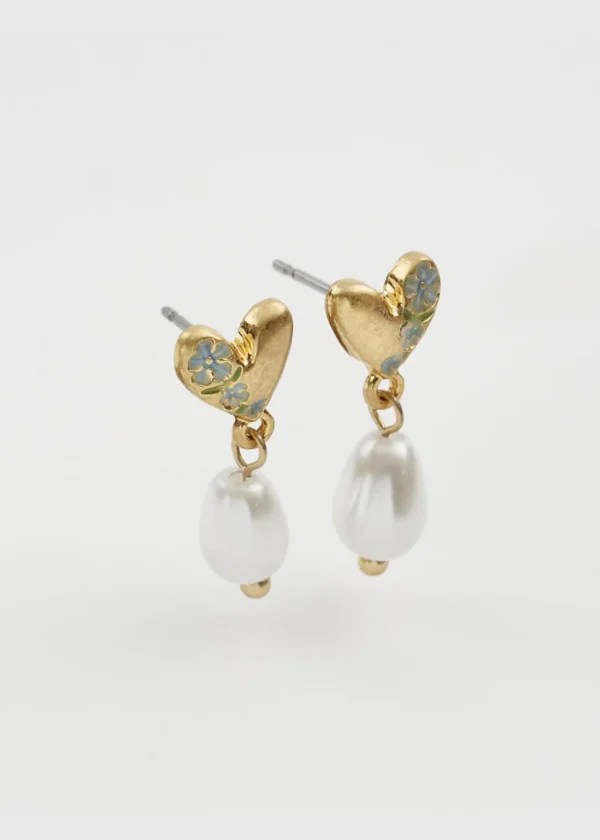 Fable England Forget-Me-Not Heart & Pearl Earrings Blue