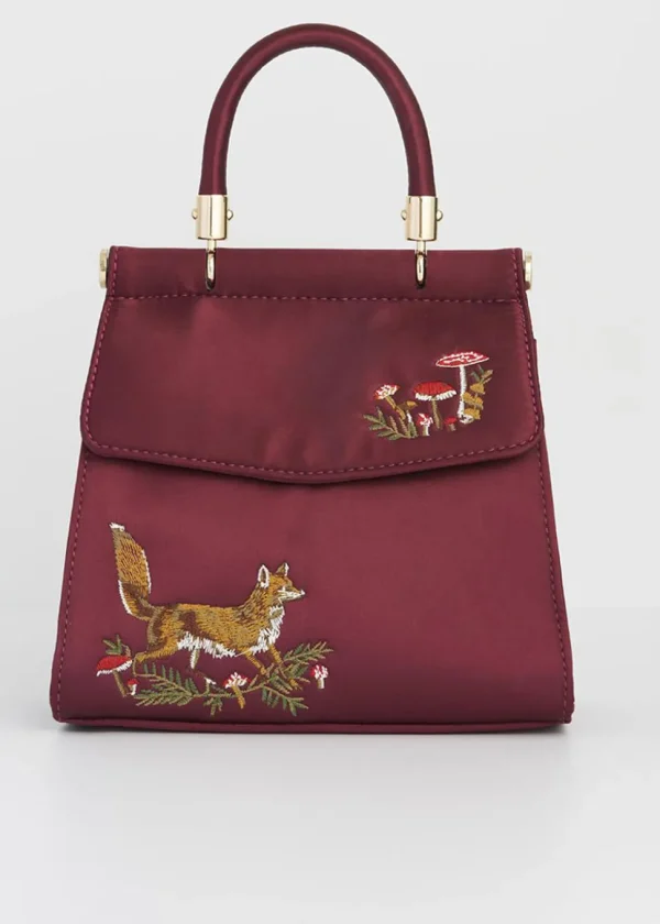 Fable England Fox & Mushroom Satin Bag Burgundy