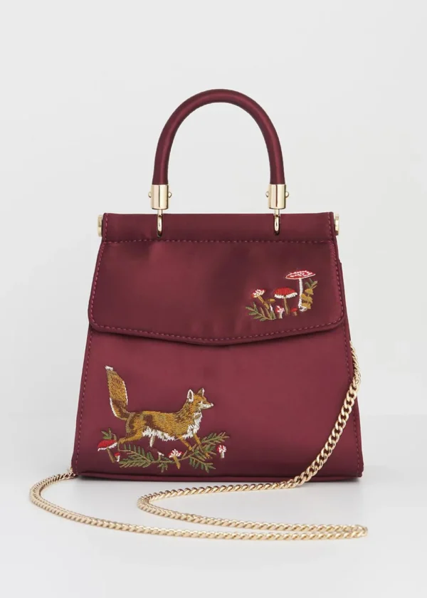 Fable England Fox & Mushroom Satin Bag Burgundy