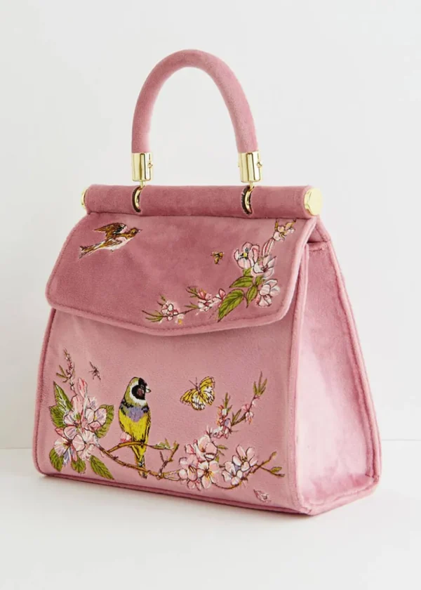 Fable England Morning Song Bird Velvet Bag Pink