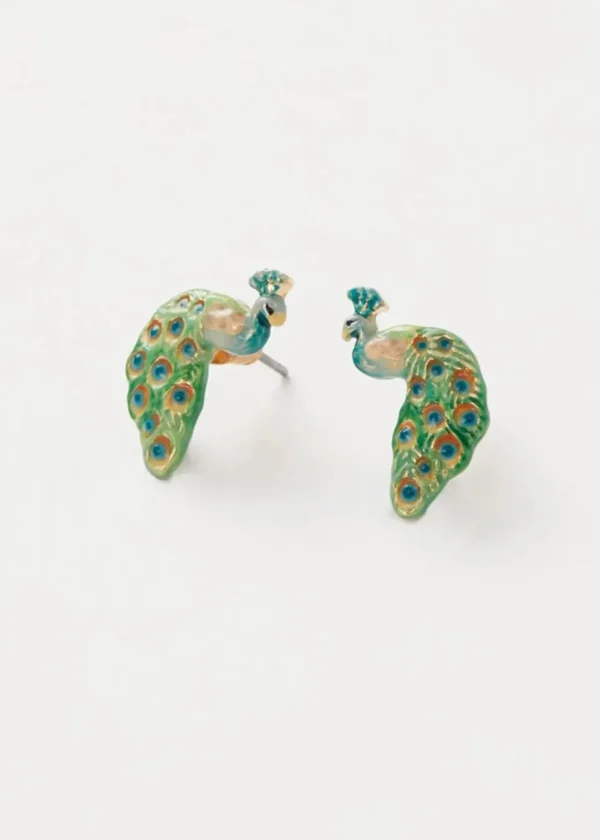 Fable England Peacock Enamel Stud Earrings Blue