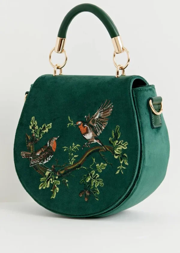 Fable England Robin Bird Velvet Saddle 40's Bag Green