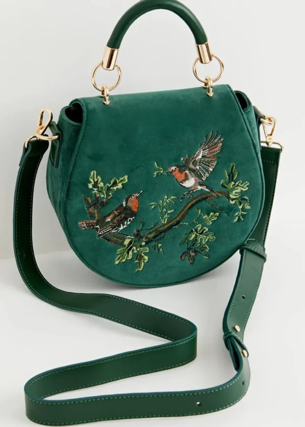 Fable England Robin Bird Velvet Saddle 40's Bag Green