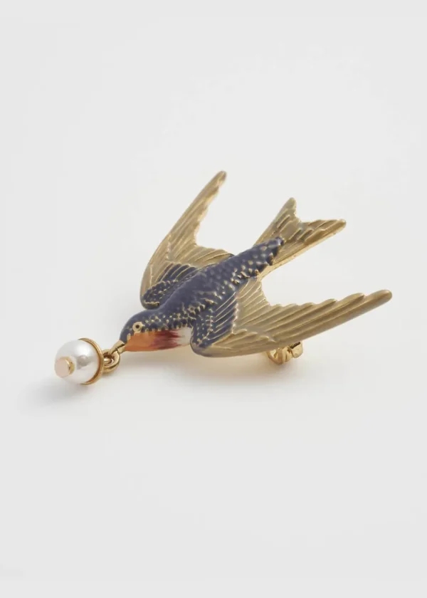 Fable England Swallow & Pearl Brooch Blue