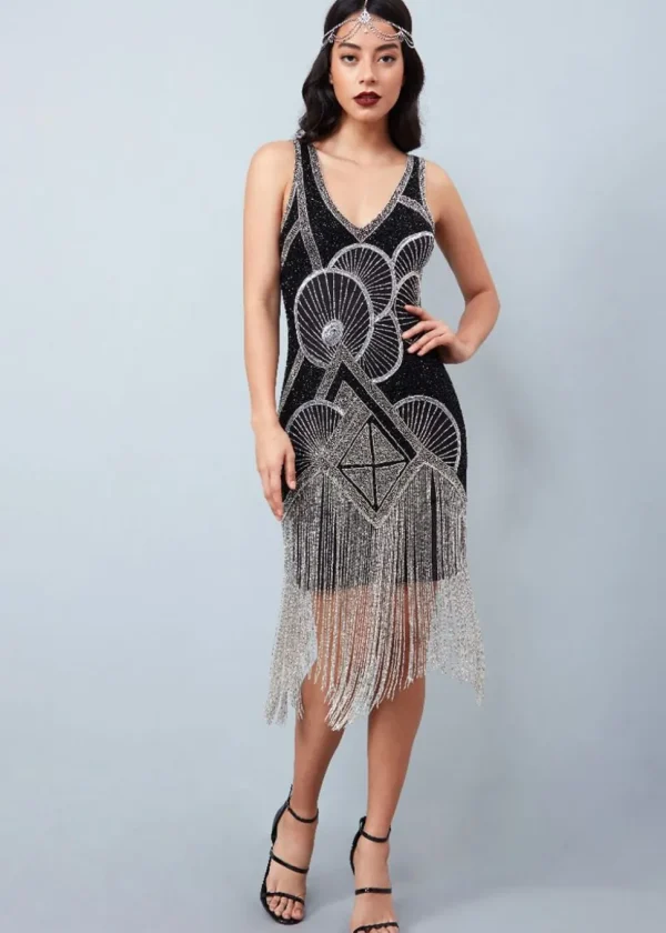 Gatsbylady Jade Fringe 20's Flapper Dress Black Silver