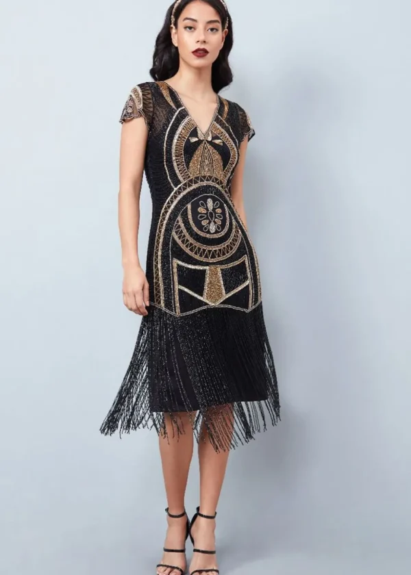 Gatsbylady Mary Fringe 20's Flapper Dress Black Gold