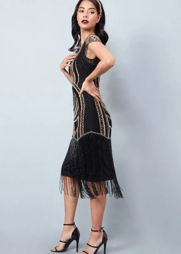 Gatsbylady Mary Fringe 20's Flapper Dress Black Gold