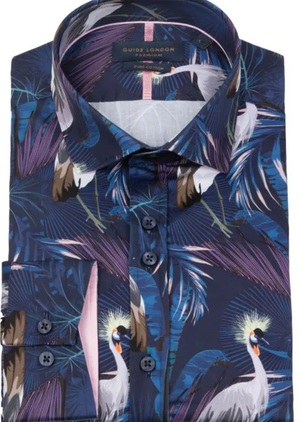 Guide London Mens Crane Birds Shirt Navy