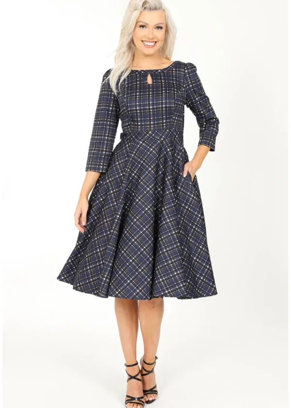 Hearts & Roses Anna Check 50's Swing Dress Navy