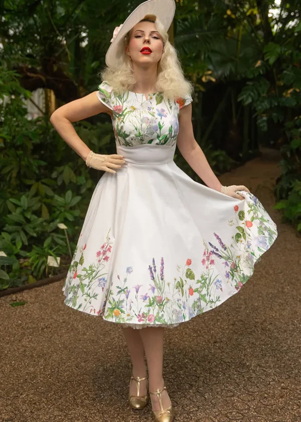 Hearts & Roses Autumn Floral 50's Swing Dress White
