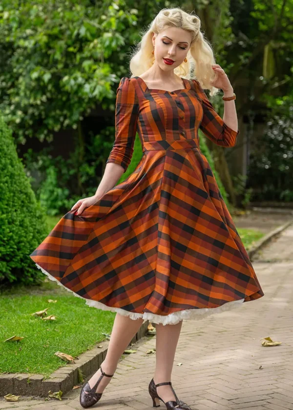 Hearts & Roses Caitlin Check 50's Swing Dress Orange