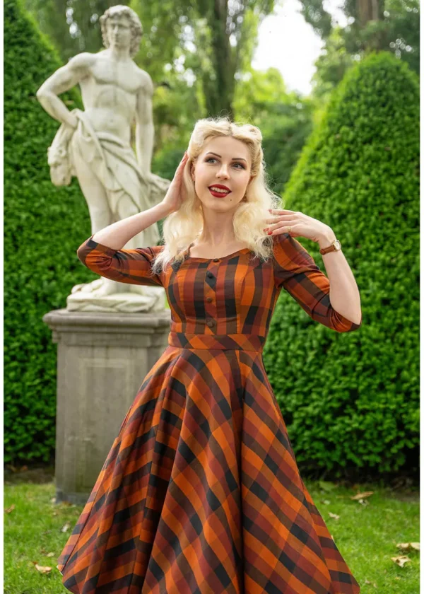Hearts & Roses Caitlin Check 50's Swing Dress Orange