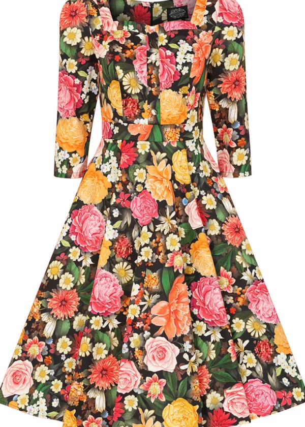 Hearts & Roses Cassidy Floral 50's Swing Dress Black