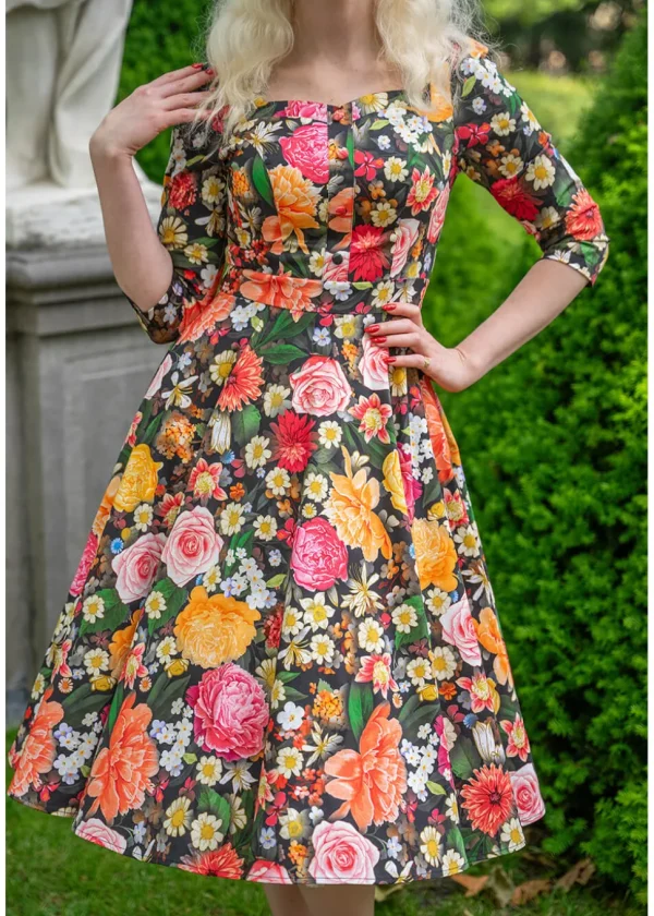 Hearts & Roses Cassidy Floral 50's Swing Dress Black