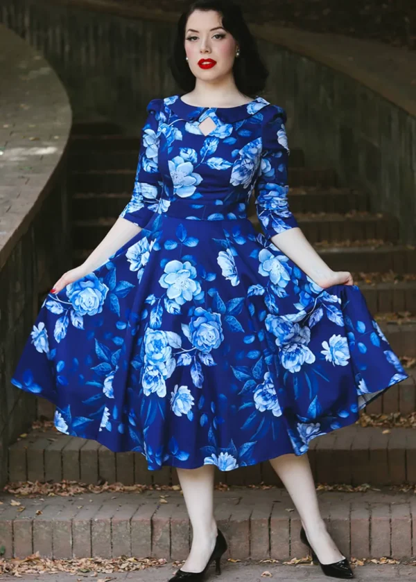 Hearts & Roses Dafney Floral 50's Swing Dress Blue