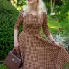 Hearts & Roses Daniella Check 50's Swing Dress Brown