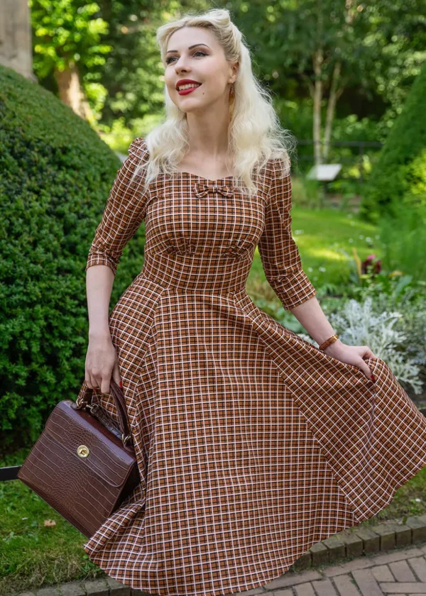 Hearts & Roses Daniella Check 50's Swing Dress Brown