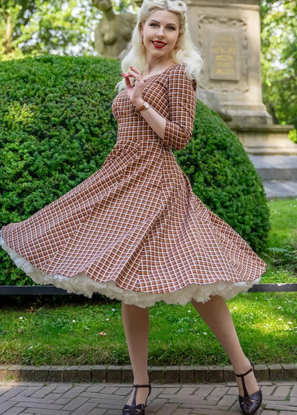Hearts & Roses Daniella Check 50's Swing Dress Brown