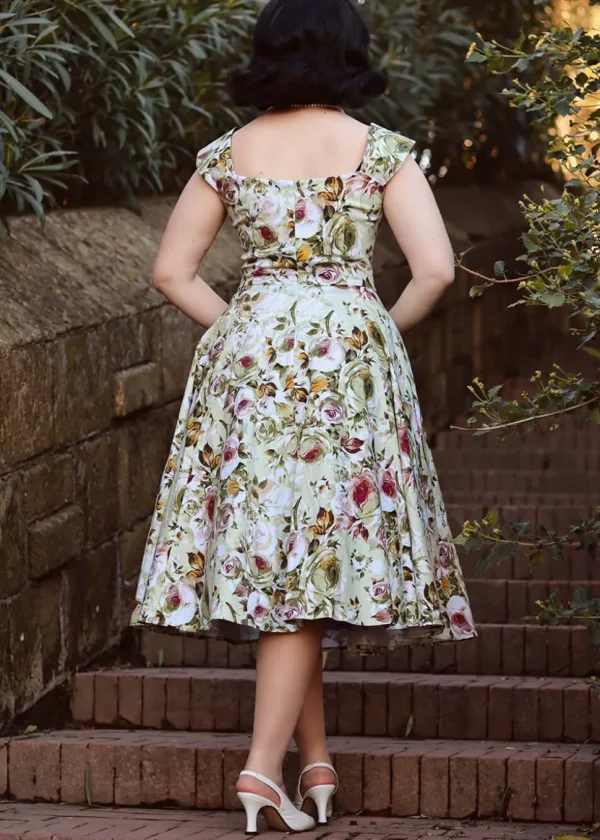 Hearts & Roses Emilia Floral 50's Swing Dress Green
