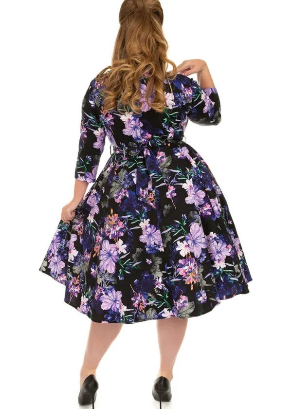 Hearts & Roses Faye Floral 50's Swing Dress Black Purple