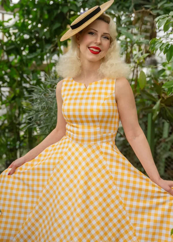 Hearts & Roses Gemma Gingham 50's Swing Dress Yellow White