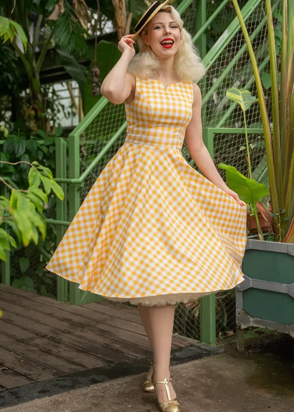 Hearts & Roses Gemma Gingham 50's Swing Dress Yellow White