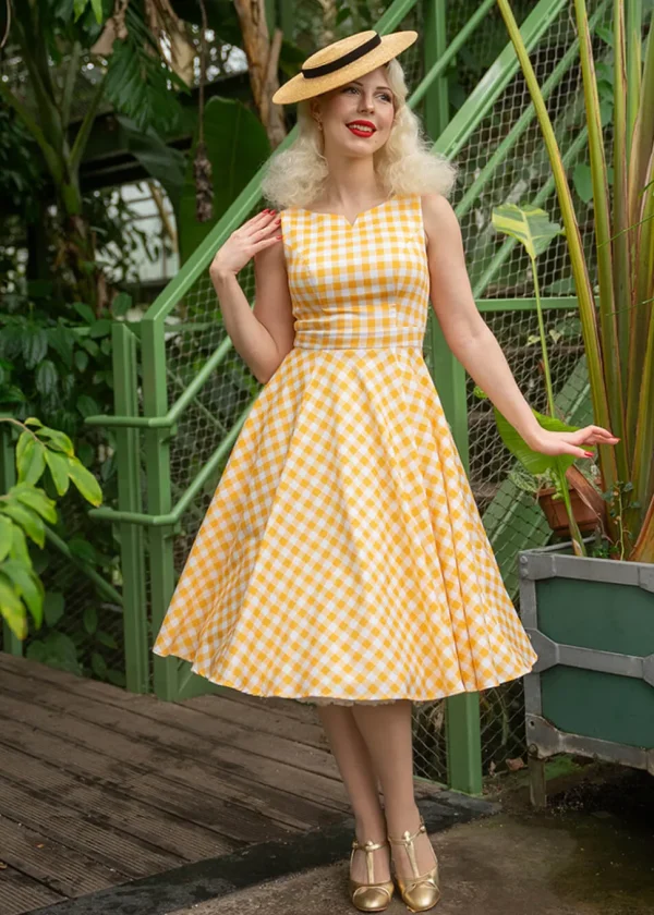 Hearts & Roses Gemma Gingham 50's Swing Dress Yellow White