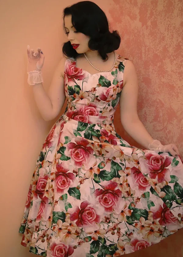 Hearts & Roses Gracie Floral 50's Swing Dress Off-White