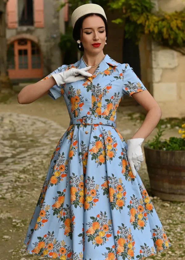 Hearts & Roses Hallie Floral 50's Swing Dress Blue