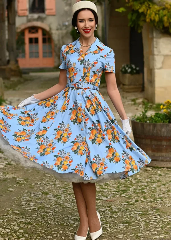 Hearts & Roses Hallie Floral 50's Swing Dress Blue