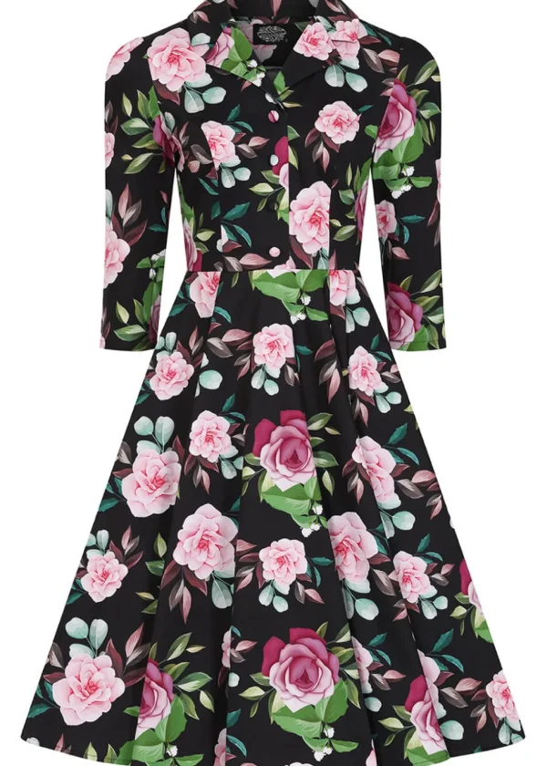 Hearts & Roses Helen Floral 50's Swing Dress Black