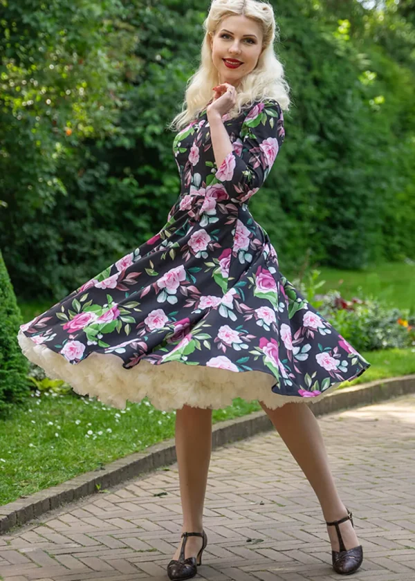 Hearts & Roses Helen Floral 50's Swing Dress Black