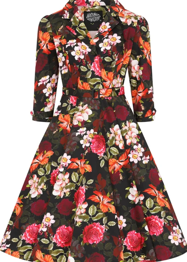 Hearts & Roses Kali Floral 50's Swing Dress Black