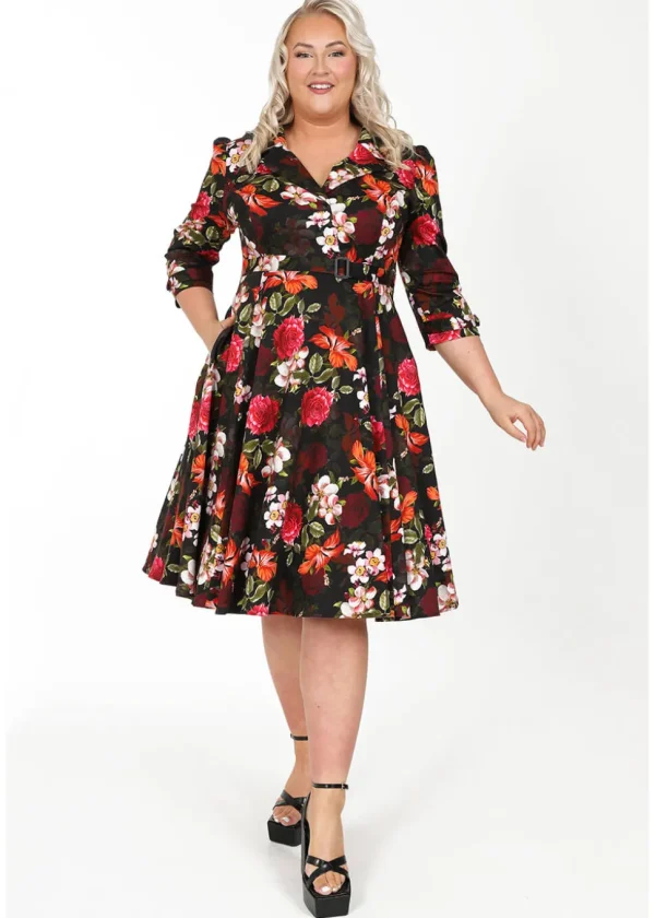 Hearts & Roses Kali Floral 50's Swing Dress Black