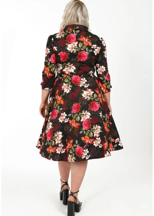 Hearts & Roses Kali Floral 50's Swing Dress Black