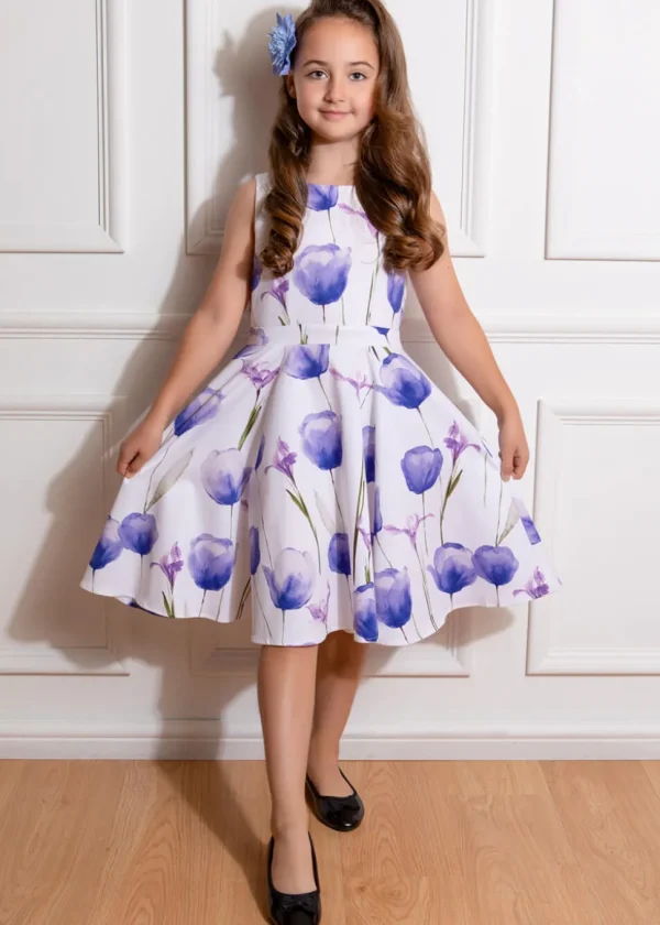 Hearts & Roses Kids Cathy Floral Swing Dress White Blue
