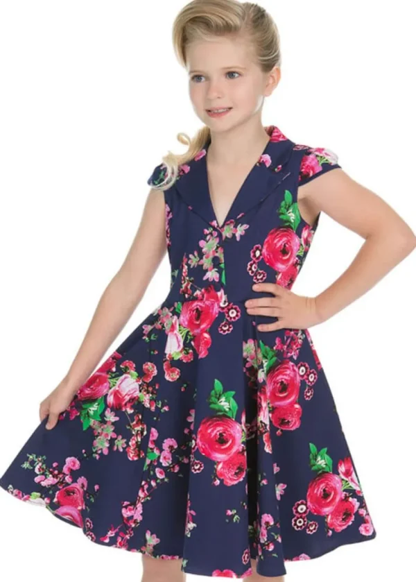 Hearts & Roses Kids Midnight Garden 50's Swing Dress Navy