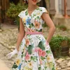 Hearts & Roses Lottie Floral 50's Swing Dress White