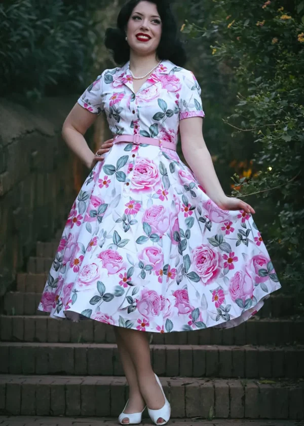 Hearts & Roses Luella Floral 50's Swing Dress White