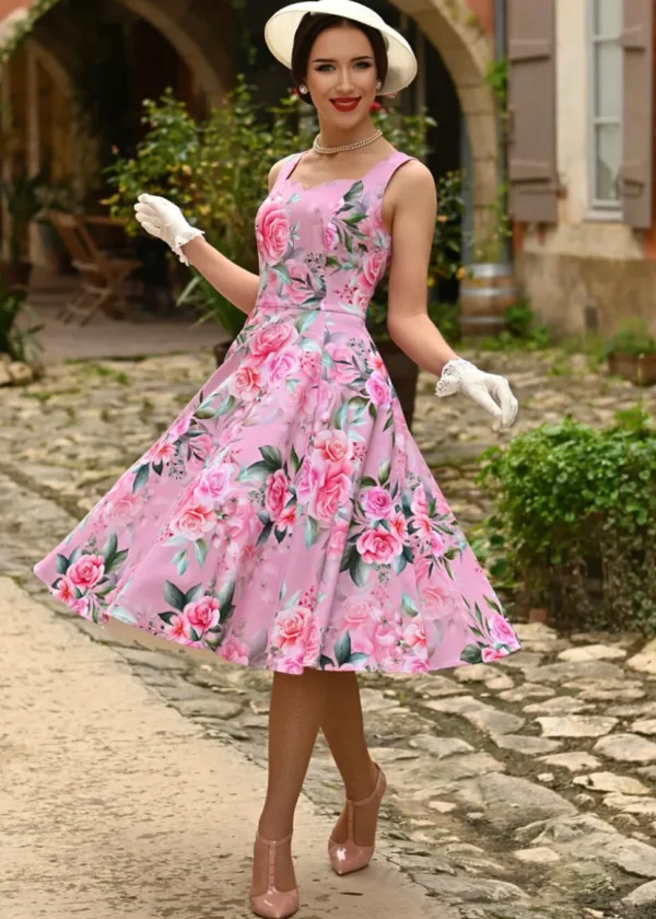 Hearts & Roses Nellie Floral 50's Swing Dress Pink