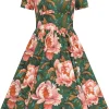 Hearts & Roses Norah Floral 50's Swing Dress Green